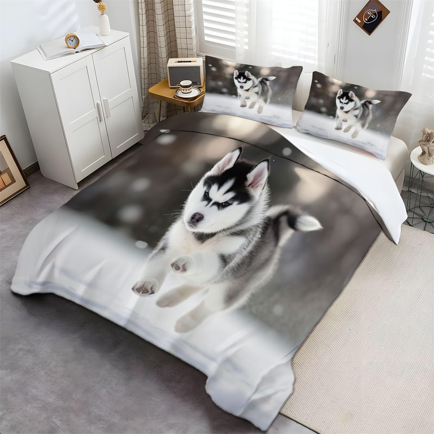 Husky Zwierzęta Kołdra Śnieg Biała Czarna Pościel Z Zamkiem Błyskawicznym I Sznurkami Narożnymi, Miękka Mikrofibra Drukowana Poszwa Na Kołdrę Z 2 poszewkami na poduszki 260 cm x 220 cm