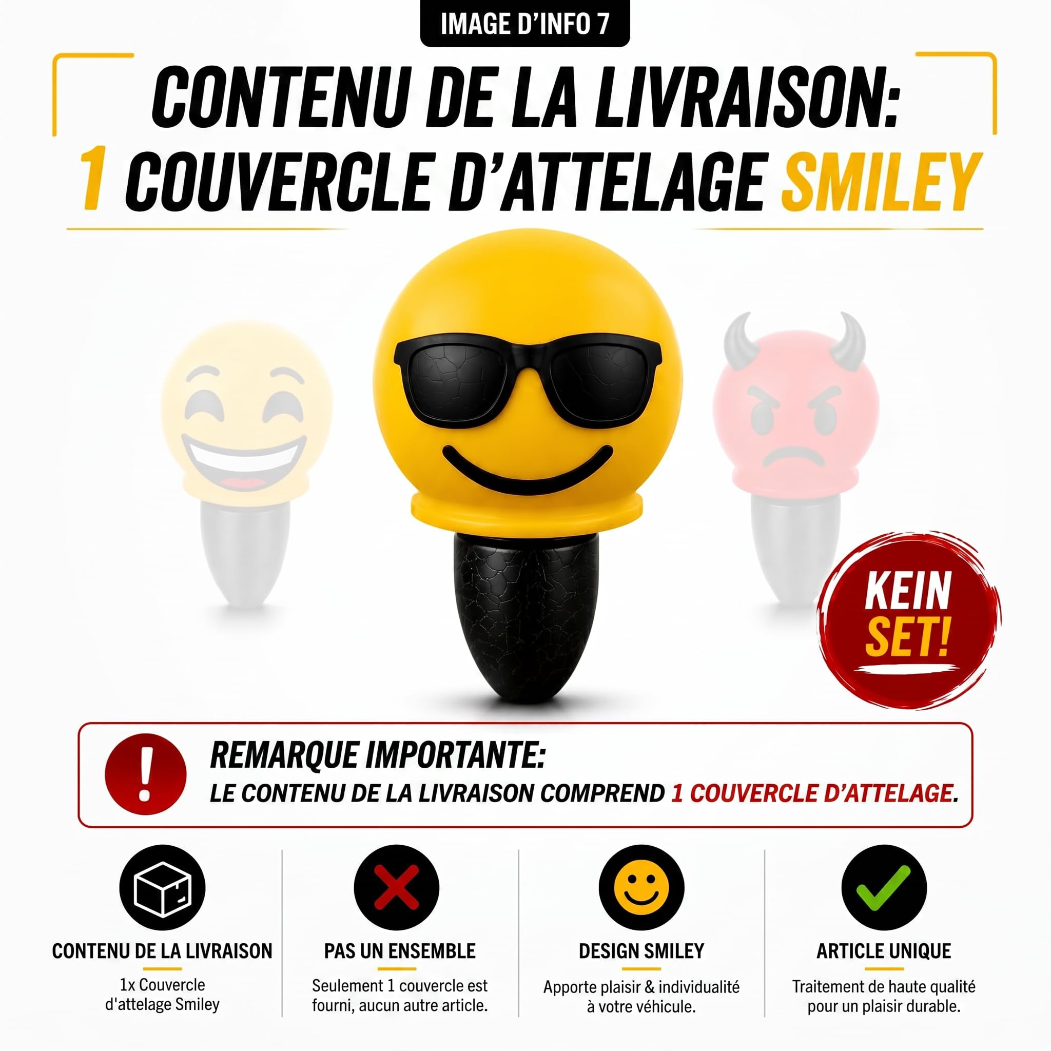 Couvercle d'attelage Smiley 50 mm - Capuchon de protection universel pour voiture, SUV, remorque