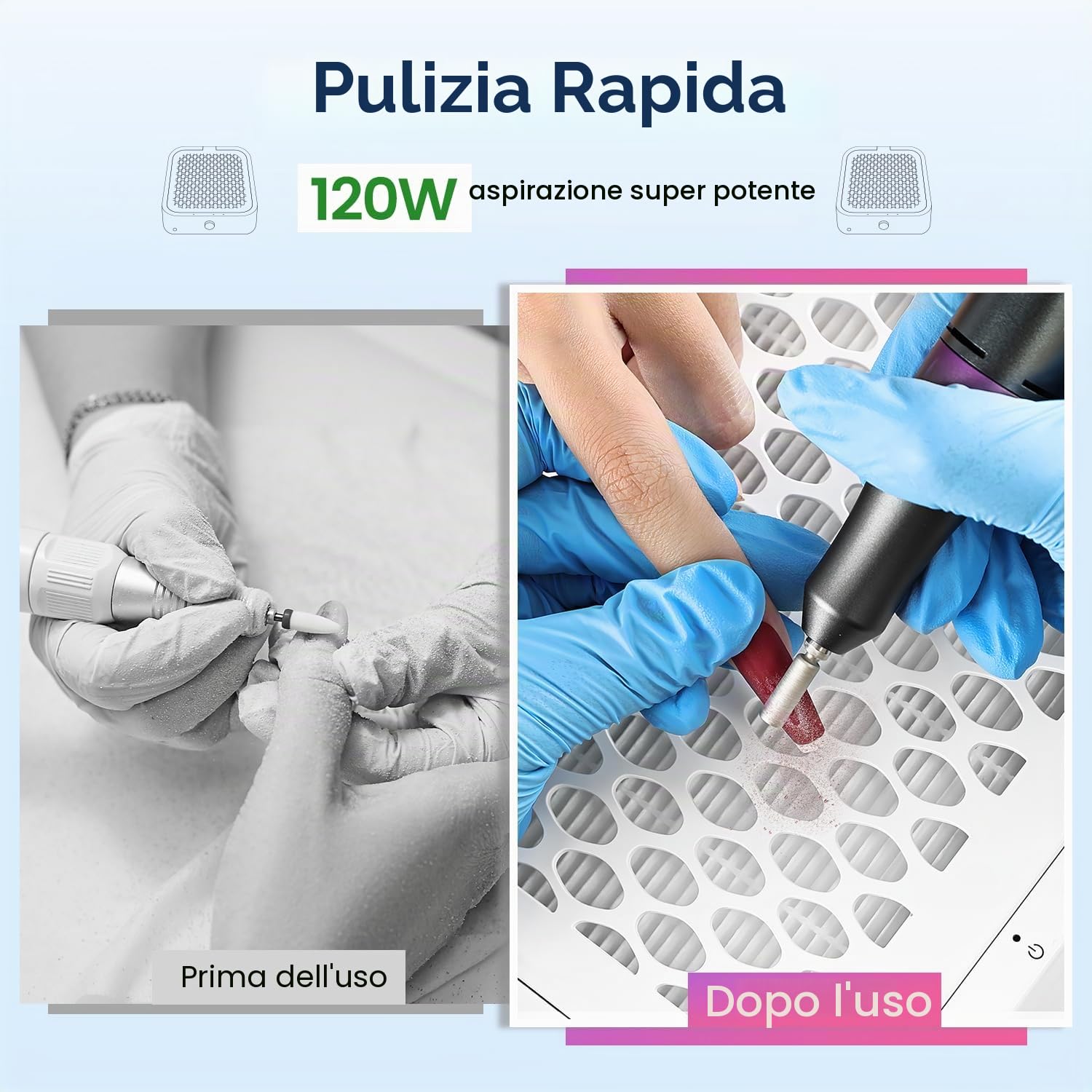 JODSONE Collettore di polveri per unghie, 120 W, potente aspiratore, con filtro riutilizzabile, strumento per manicure e pedicure, per lucidatura unghie acriliche e uso domestico