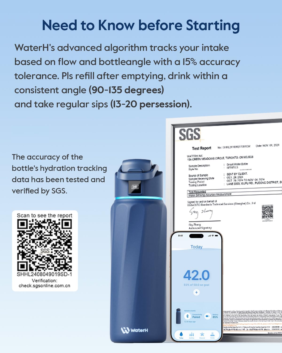 WATERH BOOST - Borraccia intelligente con promemoria idratazione e tracker, borraccia termica sottovuoto in acciaio inox, senza BPA, apertura larga, ideale per palestra, scuola, ufficio, 946 ml Blu