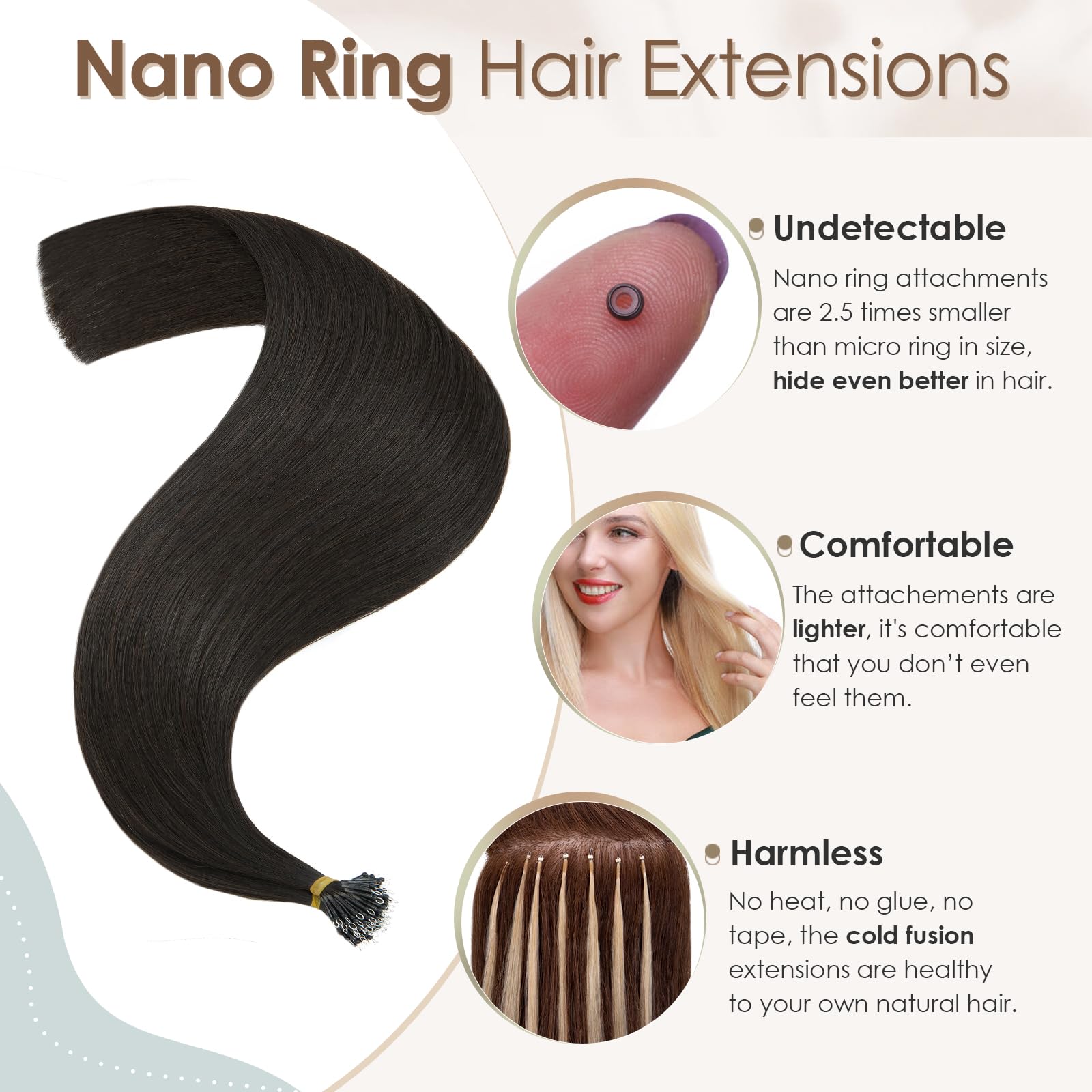 Elailite Nano Hair Extensions Real Human Hair 50 Strands 50g with Nano Ring Beads Cold Fusion Straight (#1B Natural Black, 24 Inch) - Image 2