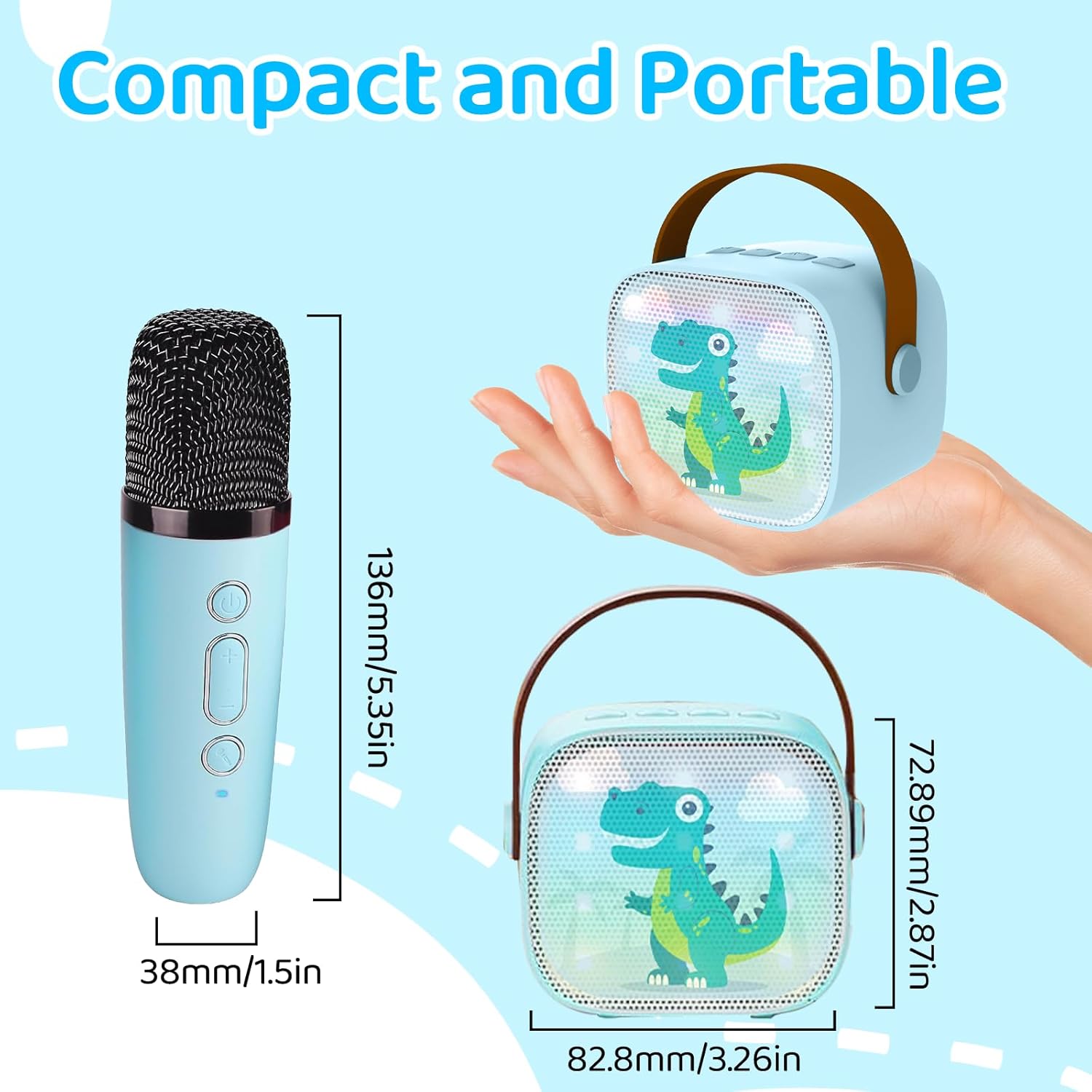 Mini Karaoke Machine for Kids Portable Karaoke Machine with 2 Bluetooth Wireless Microphones and LED Color Lights, Christmas Birthday Gifts Toys for Girls Boys (Blue) - Image 5