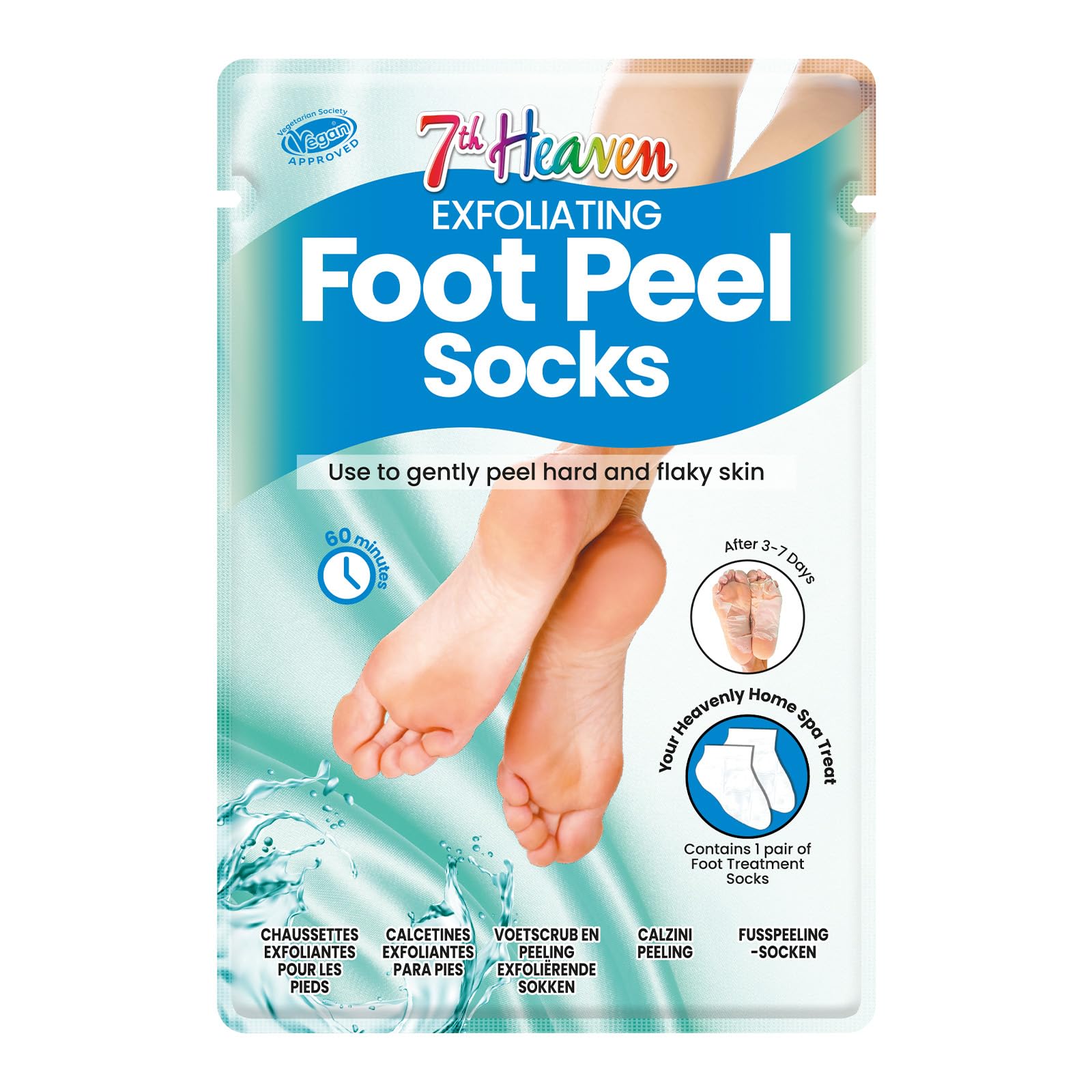 7th Heaven Exfoliating Foot Peel Socks -1 Pair Peeling Foot Mask with Glycolic Acid to Remove Hard Skin - Vegan Foot Mask for Soft, Smooth Feet in 60 Minutes - Baby Soft Foot Treatment