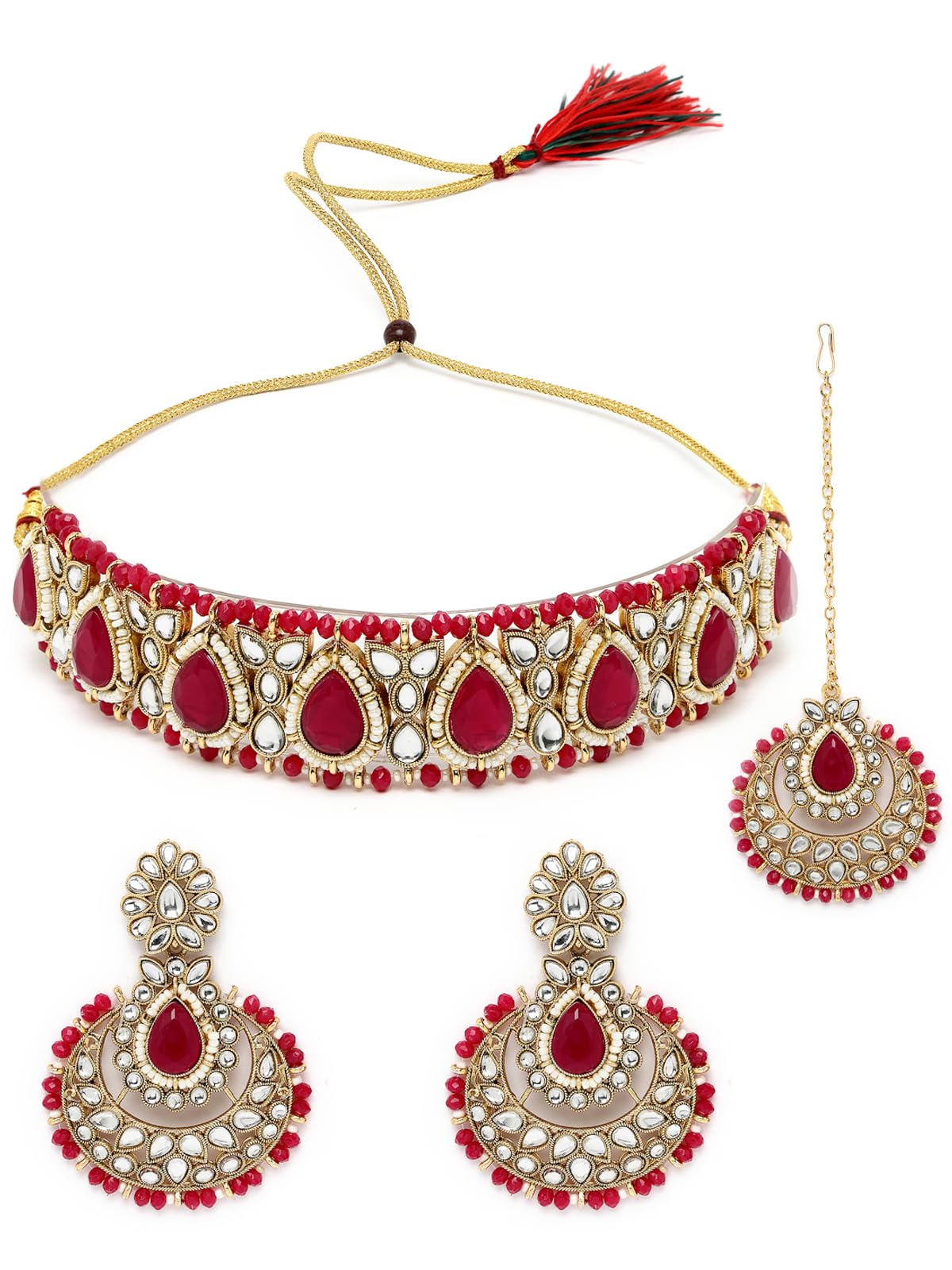 Sukkhi Incredible Drop Shaped Rani Pink Kundan & Beads Choker Necklace Set With Earring And Maangtika | Jewellery Set For Women (NS105633) (B0CBB9HPJH) Amazon Price History, Amazon Price Tracker
