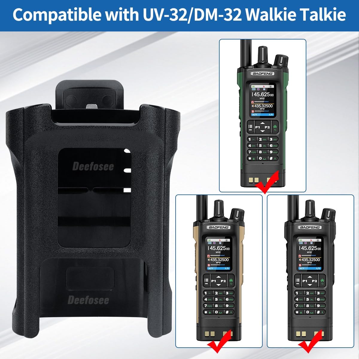 Image demonstrating the compatibility of the BAOFENG UV-32/DM-32 walkie-talkie with the holster, showing the radio inserted.