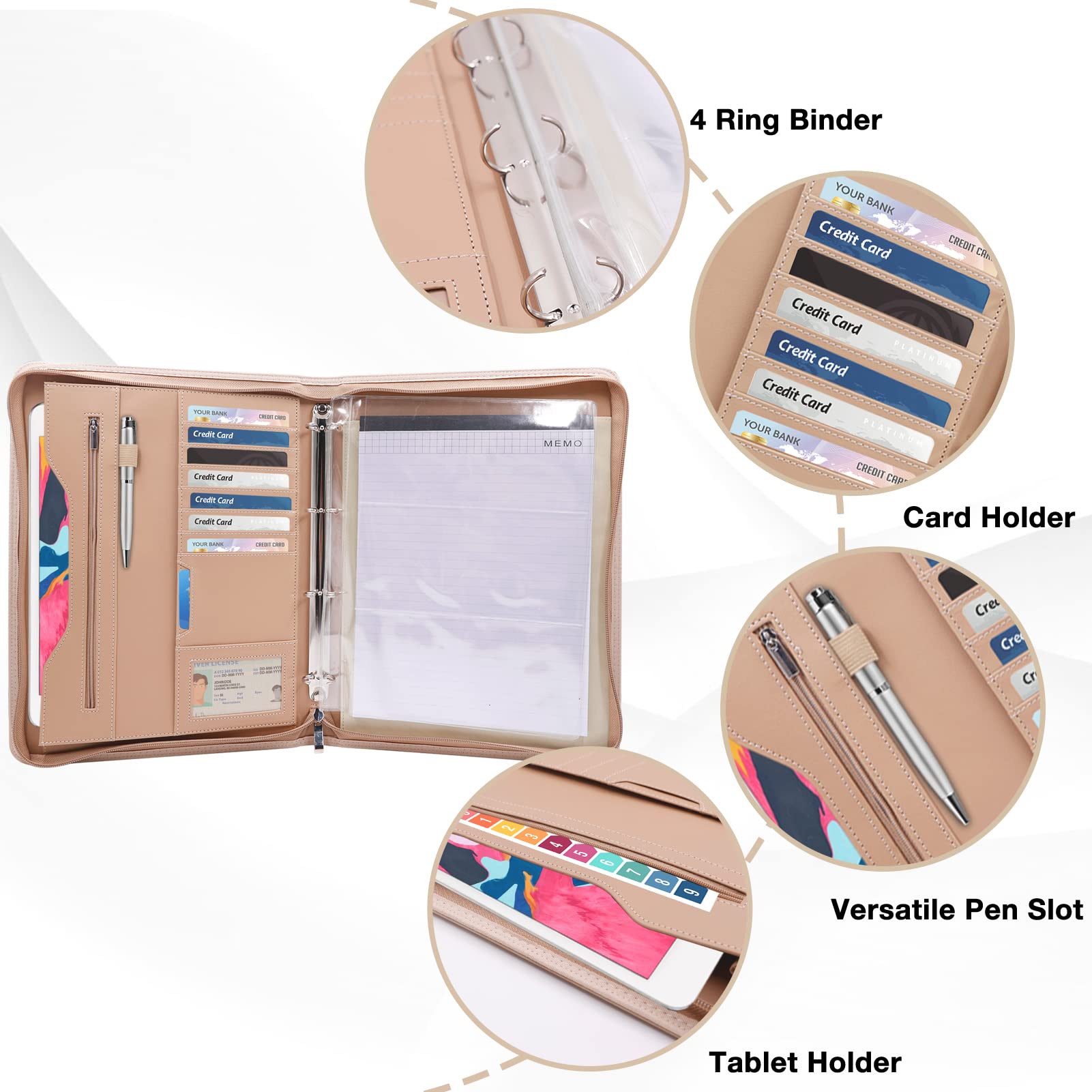 Portfolio Binder-Sbrinnaliao Padfolio Organizer Business Planner & Notebook Organizer-Anello rimovibile Blocco Notepad Scrittura, Raccoglitori con cerniera per uomini e donne (kaki)
