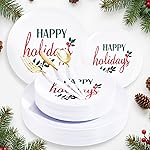 Supernal 150pcs Christmas Plastic Plates Disposable Holiday Plates,Christmas Dinnerware with Xmas Plate,White and Gold Plastic Silverware, Disposable Party Plate with Happy Holiday