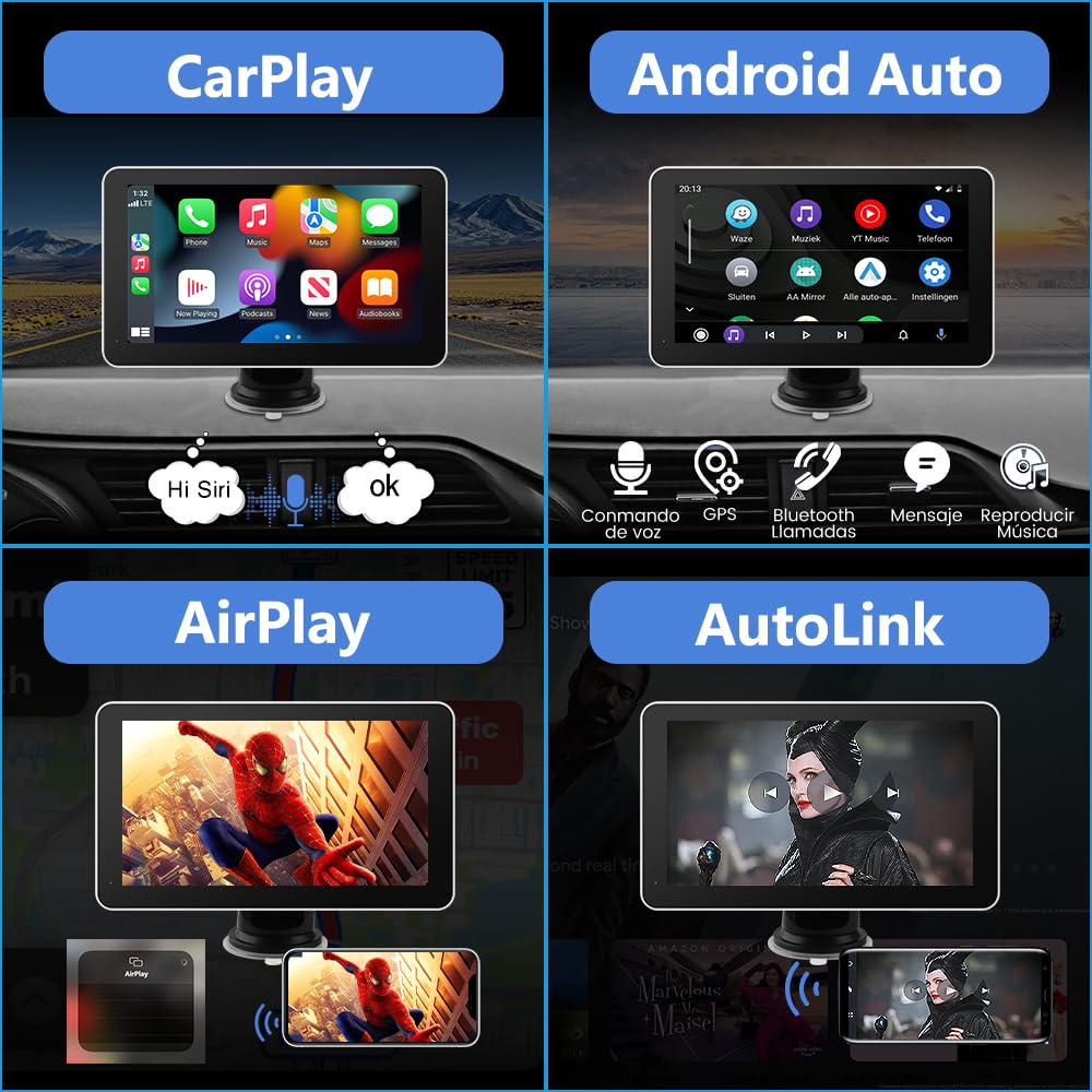 AWESAFE Pantalla 7” de CarPlay/Android Auto/Mirror Link Inalámbrico, Radio Portátil para Coche, Admite Bluetooth/Siri/USB/TF/AUX