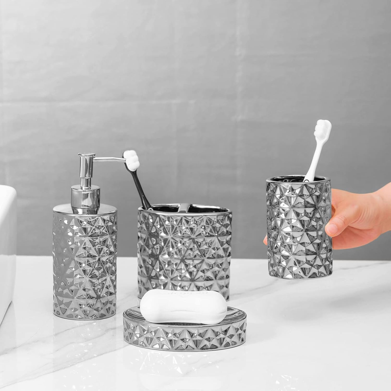Silver Bathroom Accessories Set 5 Piece Bath Ensemble Includes Trash Can,Toothbrush Holder,Toothbrush Cup,Soap Dispenser,Soap Dish for Decorative Countertop and Housewarming Gift,