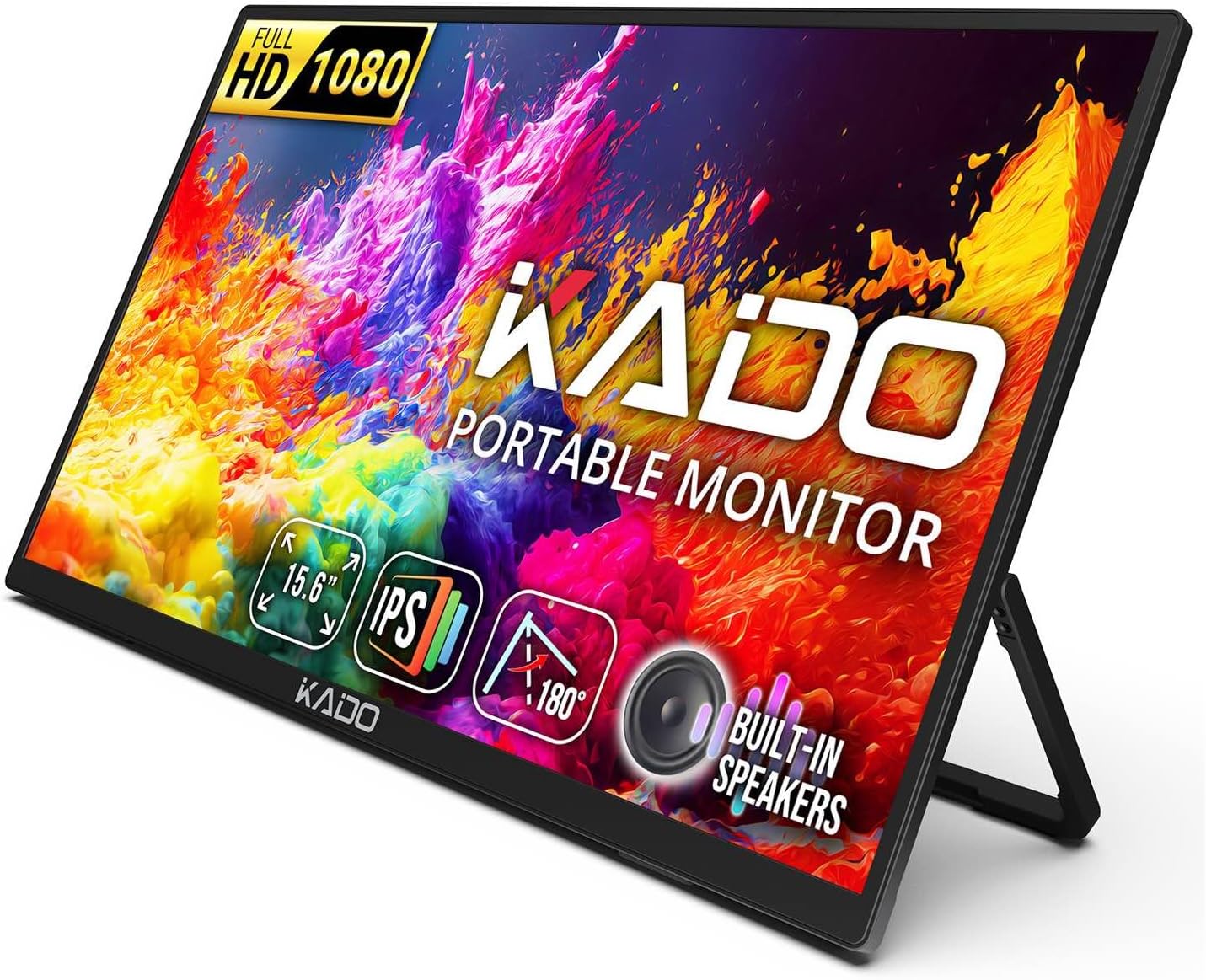 KADO Portable Monitor 15,6-Zoll-FHD 1080p, 45-W-Reverse-Lade-Laptop-Monitor 1920x1080 mit eingebauten Lautsprechern, IPS-Display 180°-Ständer für PC, Mac, Telefon, Xbox, PS5, USB-C und Mini HDMI