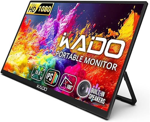 Kado Monitor portátil de 15.6 pulgadas FHD 1080p, 45 W, carga inversa, monitor ultradelgado para computadora portátil, 1920 x 1080 con altavoces