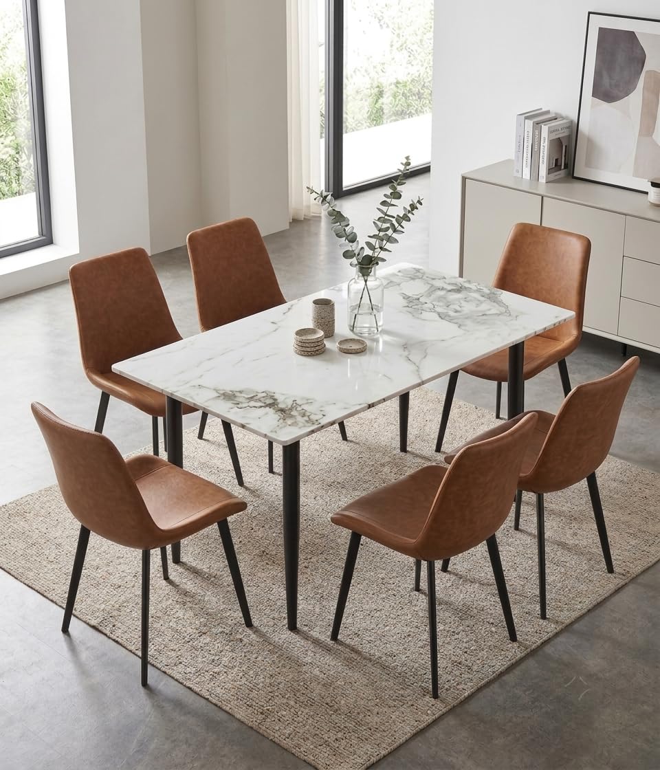 Eclipse Six Seater Faux Marble Dining Set | 15mm Sintered Stone Dining Table | Upholstered Metal Chairs | Galaxy Cream (DIY Assembly)-picture-13