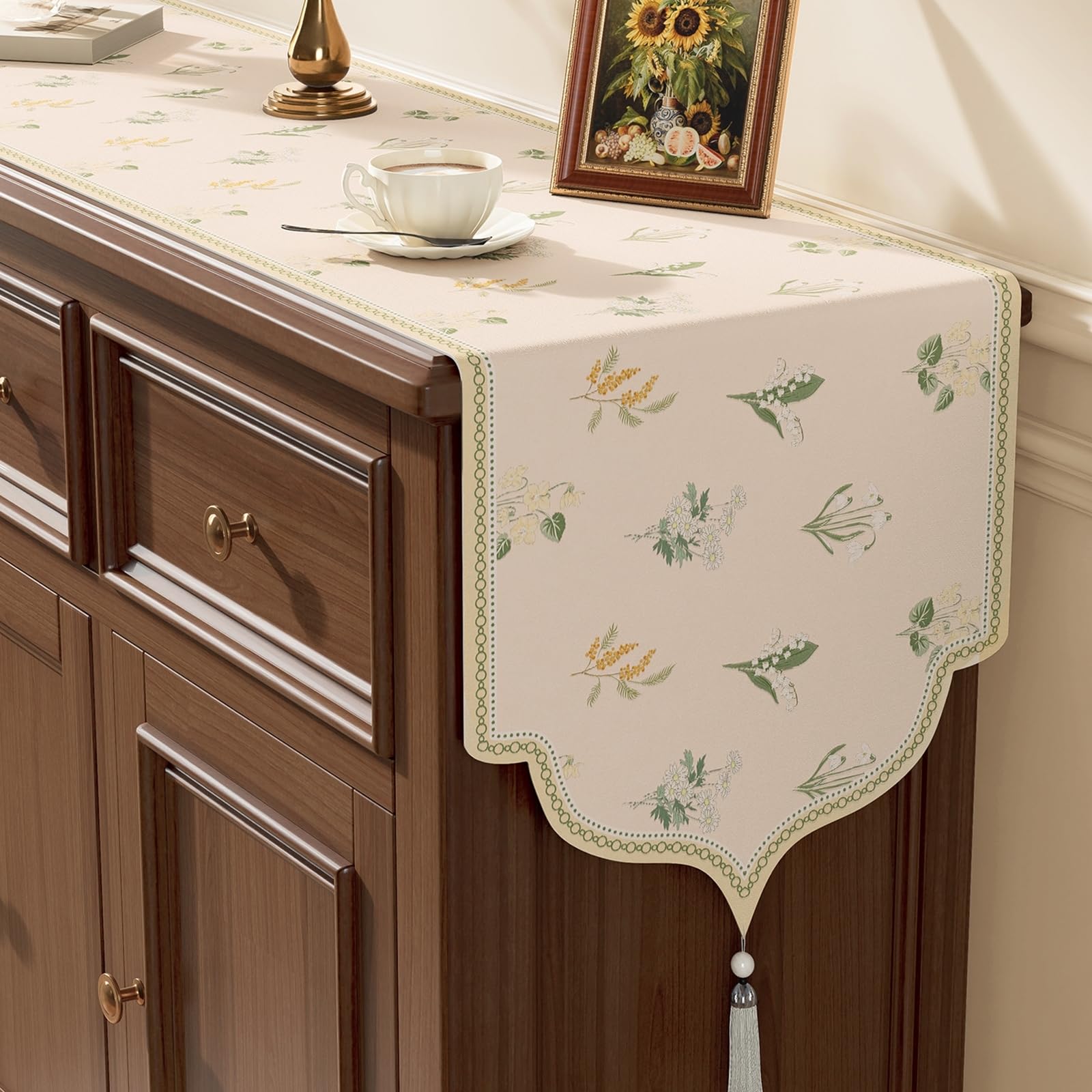 Chemin de Table pour Cuisine 35x200cm, Chemin de Table Mariage Rustique Polyester Effet Lin À Motif Floral