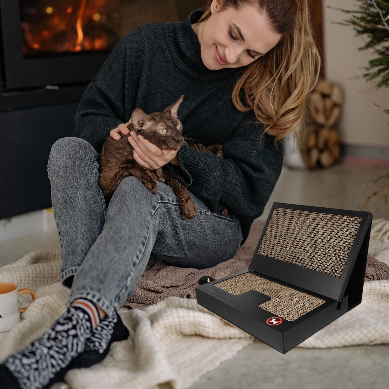 Tavola Tiragraffi per Gatti a Forma di Laptop, Pieghevole e Resistente | Giochini per Gatto a Forma di Laptop, con Bacchetta Teaser, Cartone Ondulato Nero per Casa