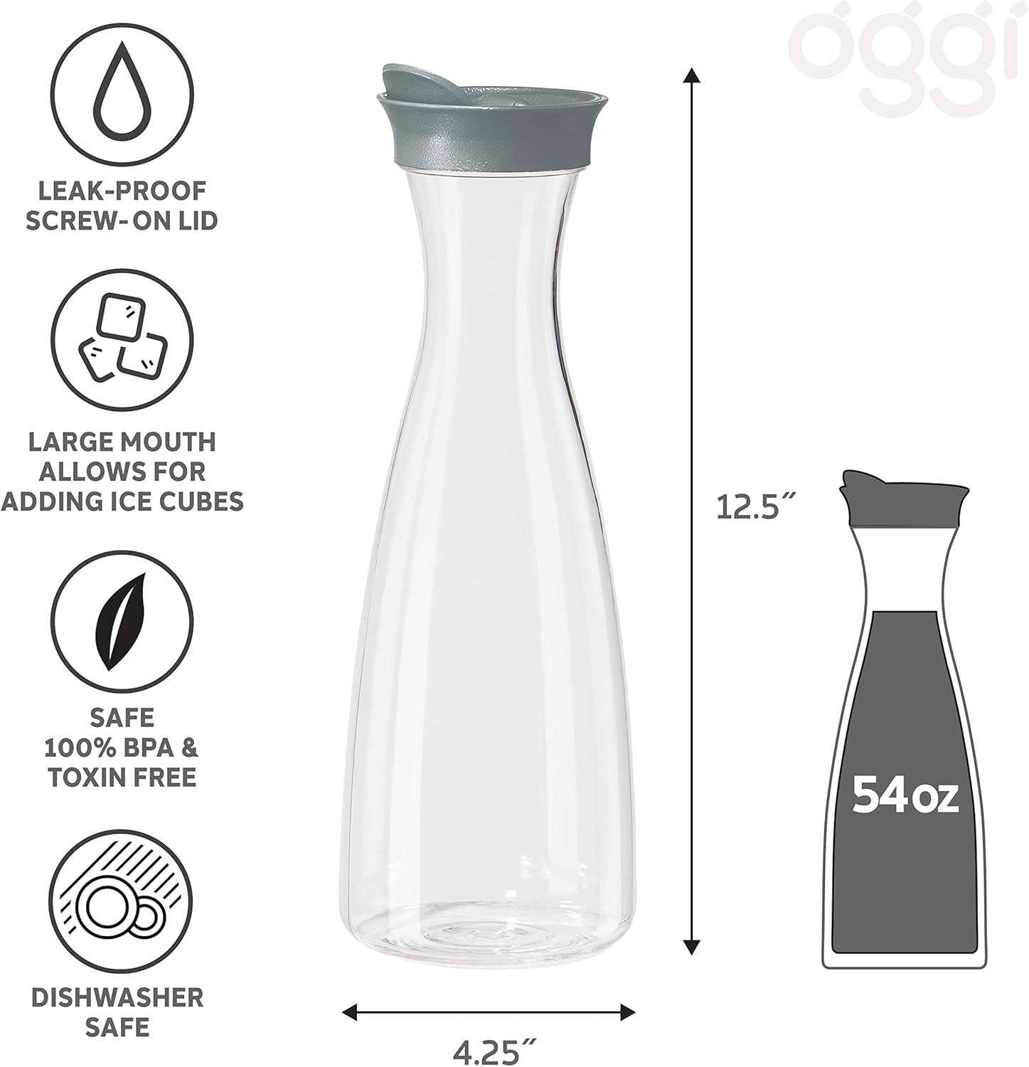 OGGI Clear Carafe w/Flip Open Lid - Ideal Juice Bottle, Clear Pitcher with Lid, Tea Pitcher, Water Carafe, 1.6 Lt(54Oz), Gray (Pack of 6)