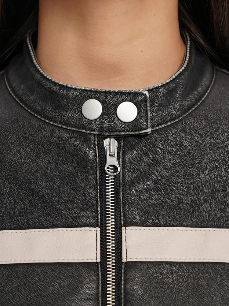 Wuitrie Womens Faux Leather Jacket Color Block Cropped