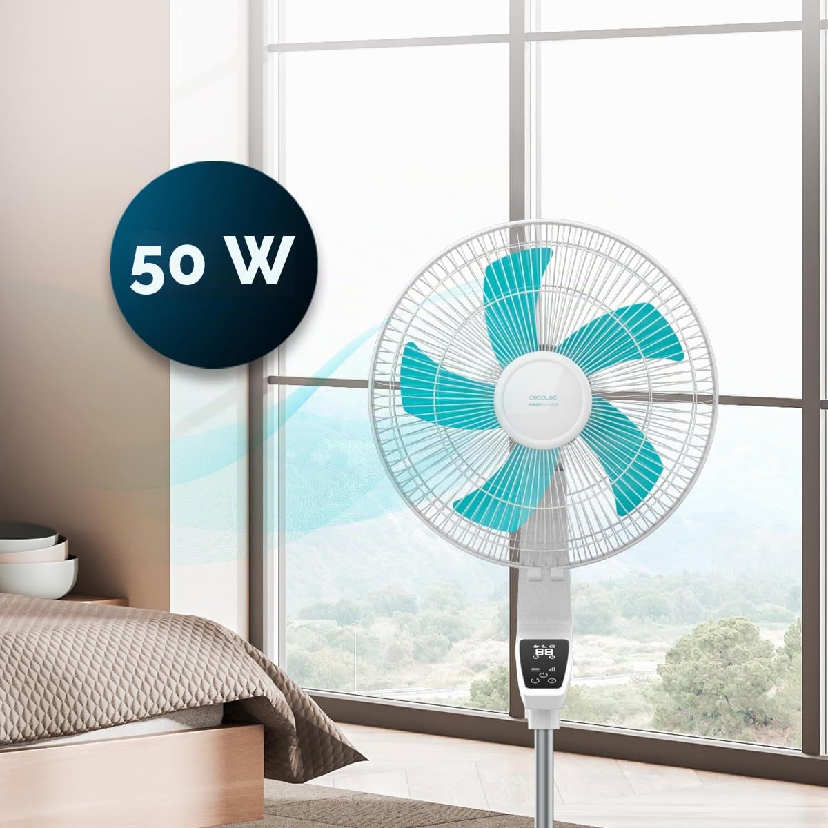 Cecotec Standventilator EnergySilence 620 Flow Control 50 W, 16 Zoll Durchmesser, 5 Flügel, 12-Stunden-Timer, Touch-Steuerung, LED-Bildschirm, 3 Geschwindigkeiten, Automatische Oszillation