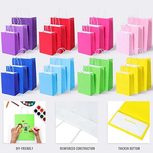 Miniatura 6 de BLEWINDZ 32 bolsas de regalo medianas de 10.6 pulgadas con pañuelos, bolsas de papel para fiesta con asas, bolsa de regalo arcoíris para cumpleaños,