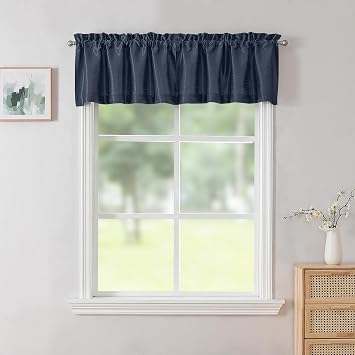 Chyhomenyc Uptown Navy Blue Valance for Window, Faux Silk Room Darkening Rod Pocket Slub Fabric Small Window Valance for Farmhouse Bedroom Basement Bathroom Toppers Windows, 60Wx14L Inch