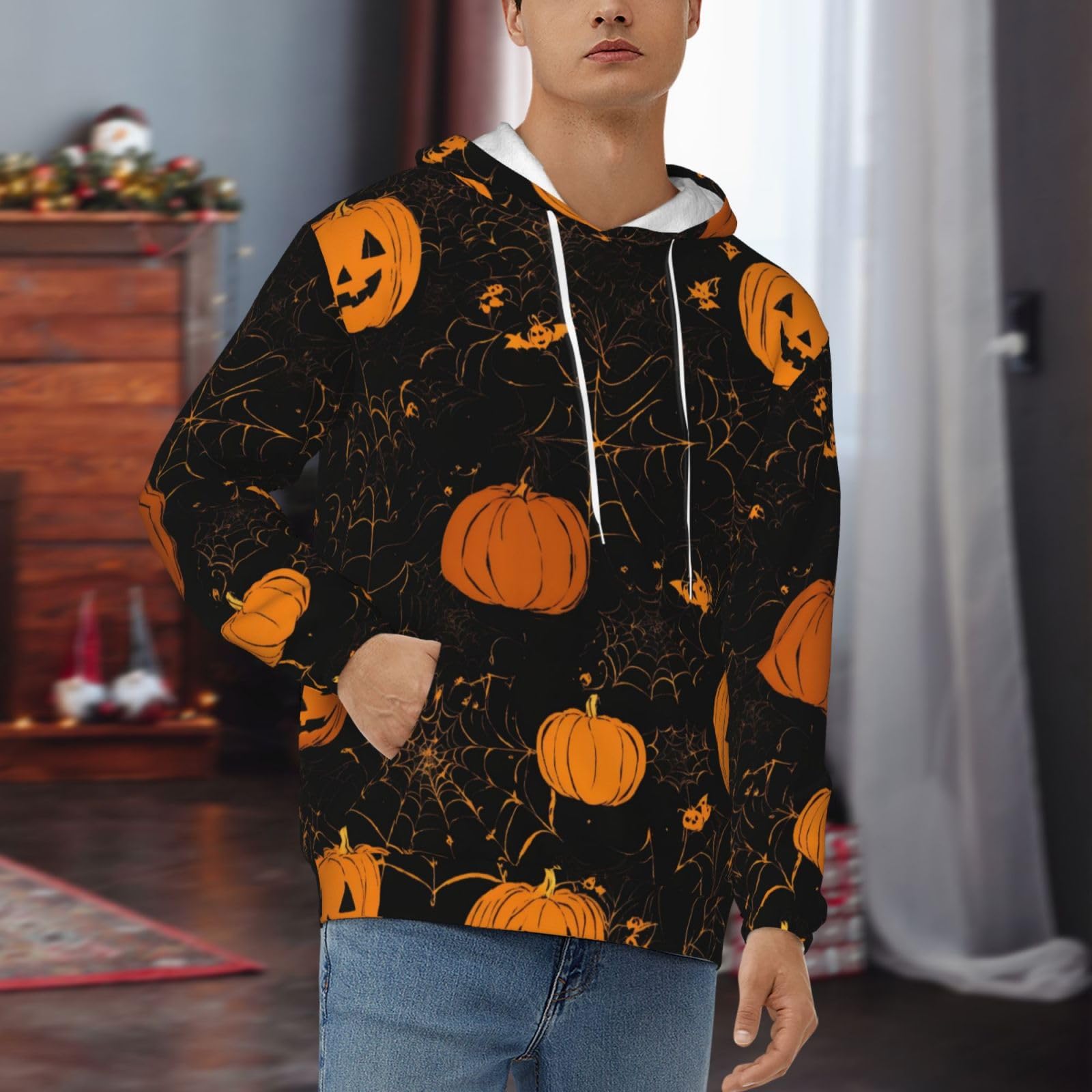 Męska bluza z kapturem z nadrukiem dyni na Halloween, casualowa grafika z nadrukiem bluzy z kapturem z kieszenią