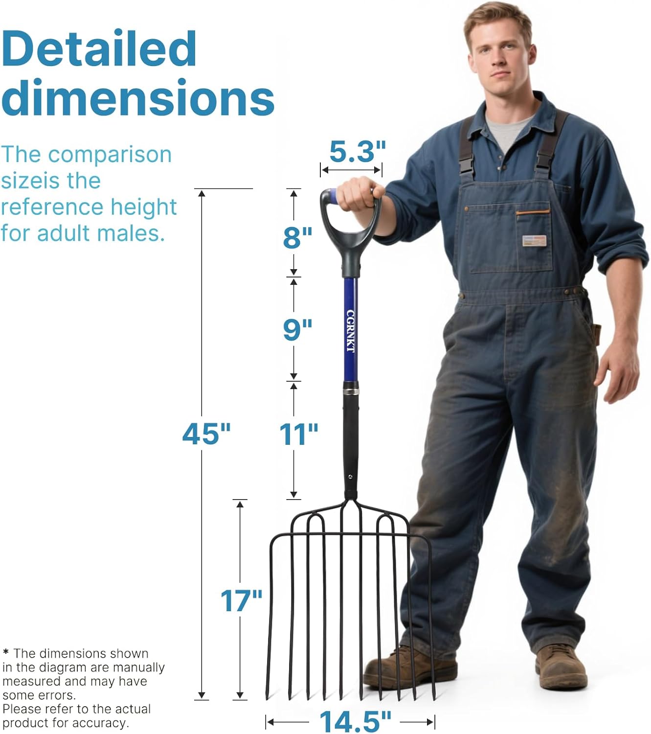 10-Tine Pitch Fork for Gardening, Heavy Duty Manure & Mulch Fork with Fiberglass Handle, Wide Bedding Hay Fork for Compost, Farm, 45 Inch