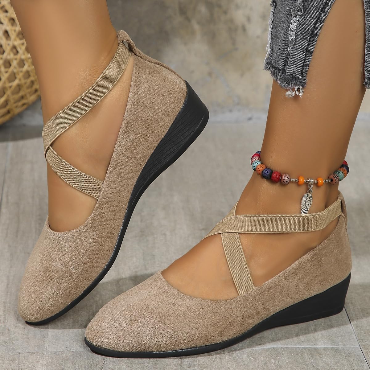 Closed Toe Wedges Loafers Shoes for Women,Summer Fashion Elastic Ankle Straps Pull-On Ankle Straps Elegant Dress Shoes - Image 2