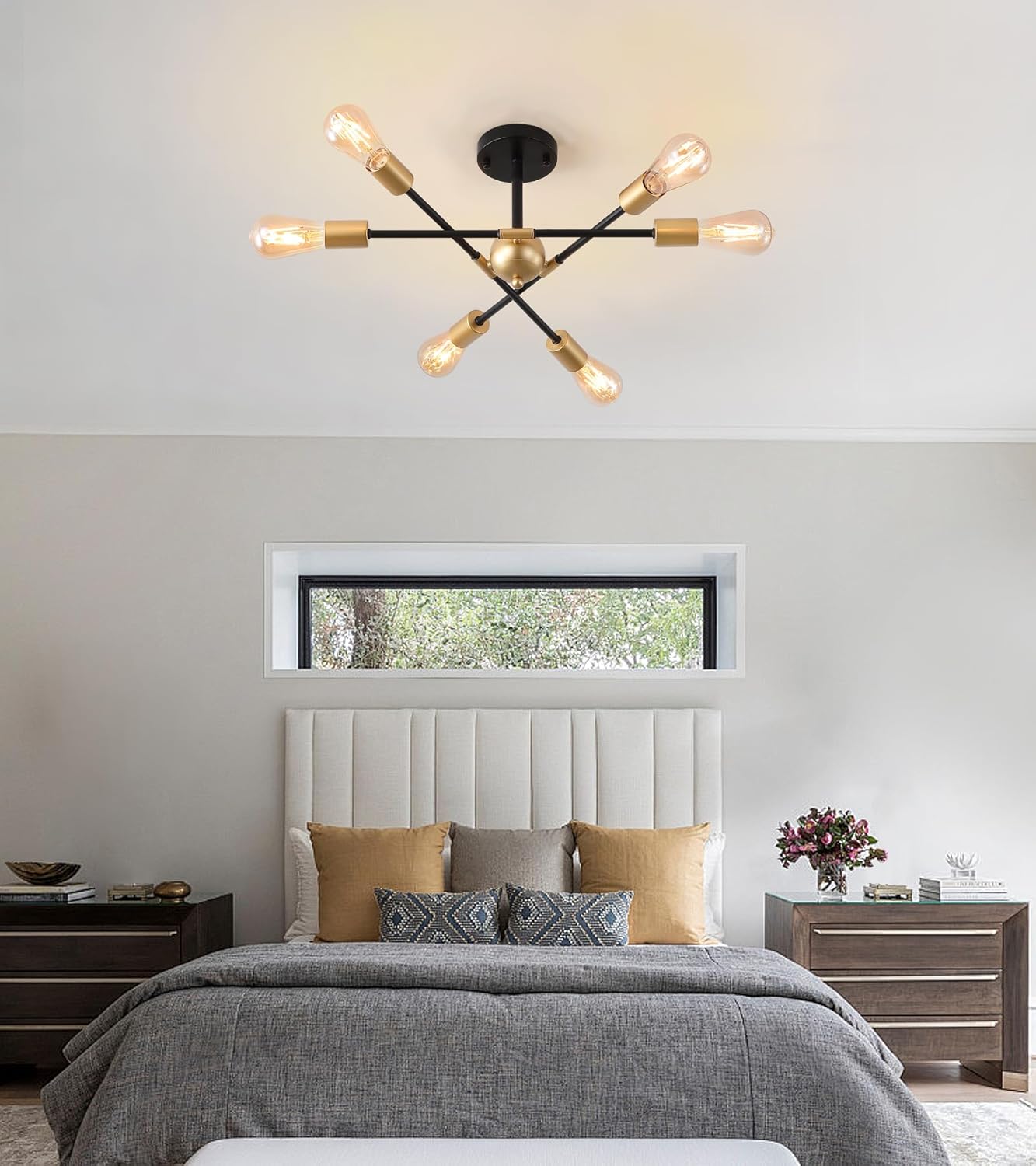 MEIXISUE Modern Semi Flush Mount Ceiling Light Fixture Black and Gold Close to Ceiling Light 6-Light Sputnik Chandelier Light Fixture for Hallway Entryway Bedroom Kitchen Dining Room UL Listed