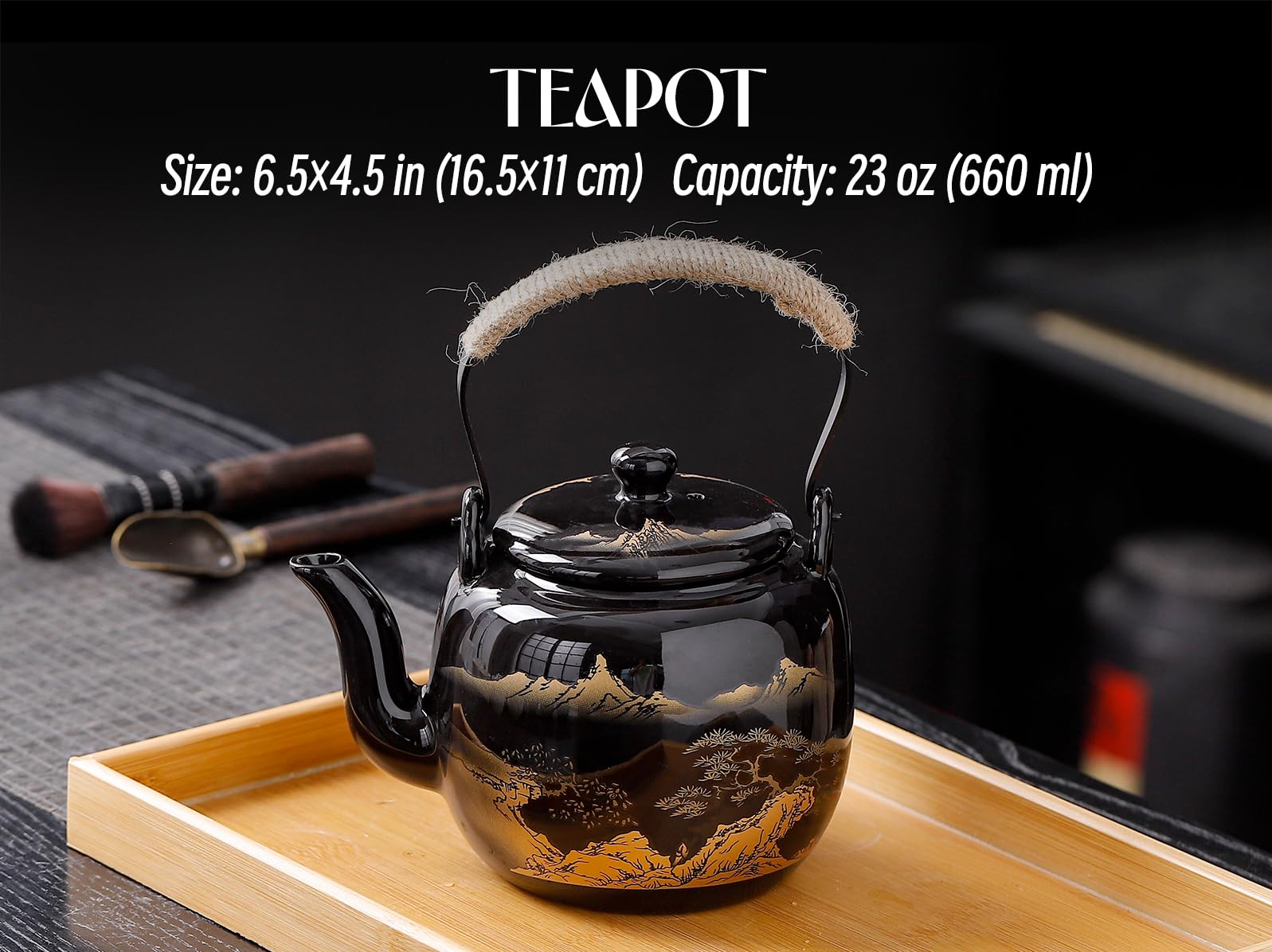 Set da tè tradizionale giapponese, set di teiera giapponese, set da tè asiatico nero smaltato con 1 teiera, 6 tazze da tè, 1 colino da tè, 1 vassoio da tè (nero paesaggistico orizzontale)