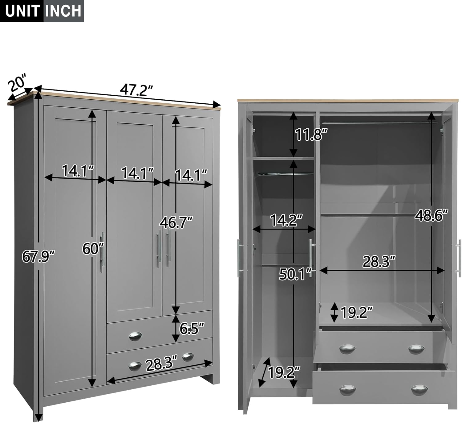 Diagram showing detailed dimensions of the cloblane 3-Door Armoire Wardrobe Closet
