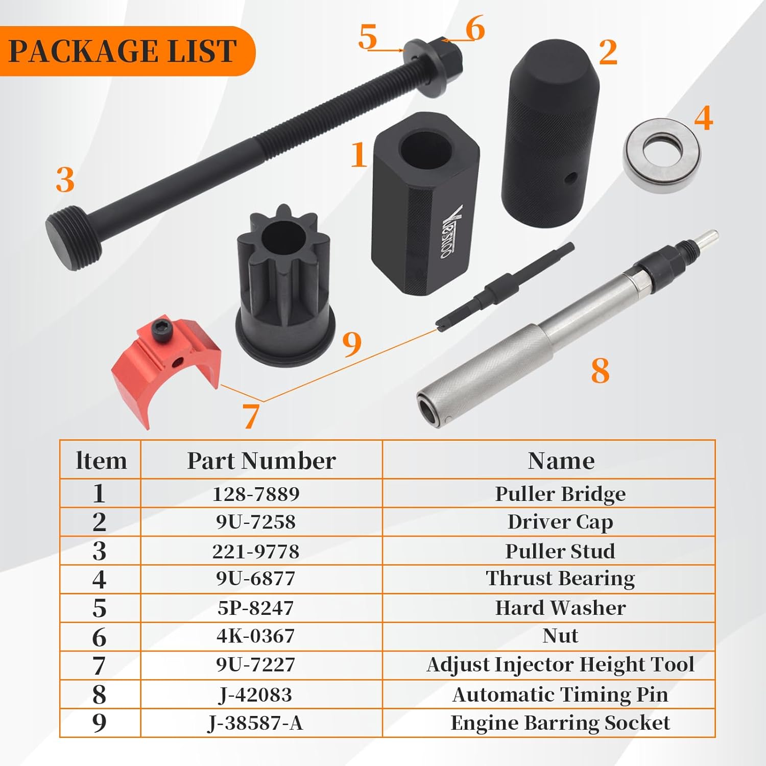 9U-6891 Injector Sleeve Remover Installer Set + J-42083 Automatic Timing Pin + 9U-7227 Injector Height Tool + J-38587-A Engine Barring Socket Fits for CAT Caterpillar 3406E C15 C16 Engines