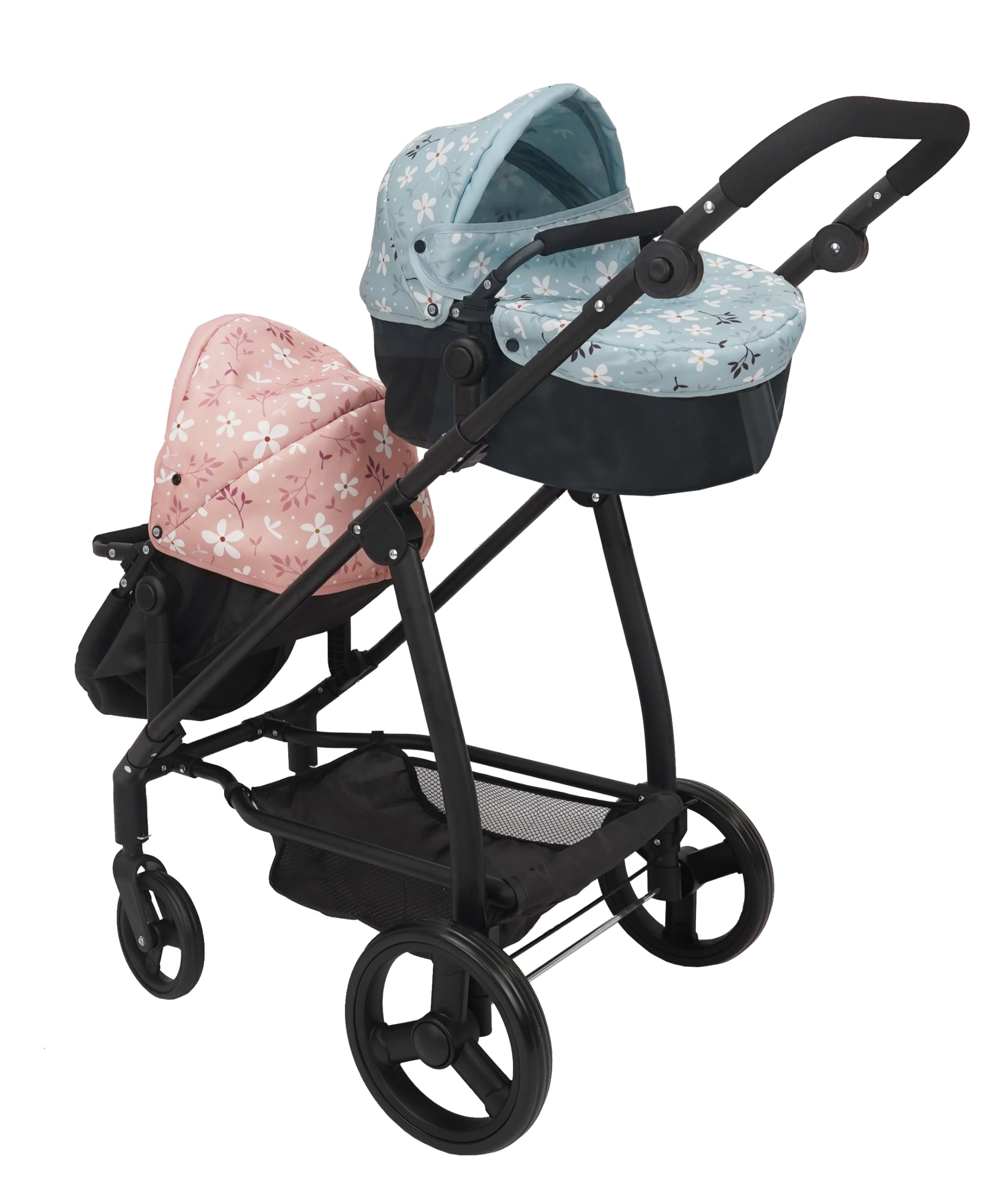 MOLTO – Zwillingskinderwagen für Puppen, zusammenklappbarer Doppelkinderwagen mit umbaubaren Babytragetaschen, 360°-Rädern und verstellbarem Schiebegriff, für Puppen bis zu 46 cm, ab 3 Jahren