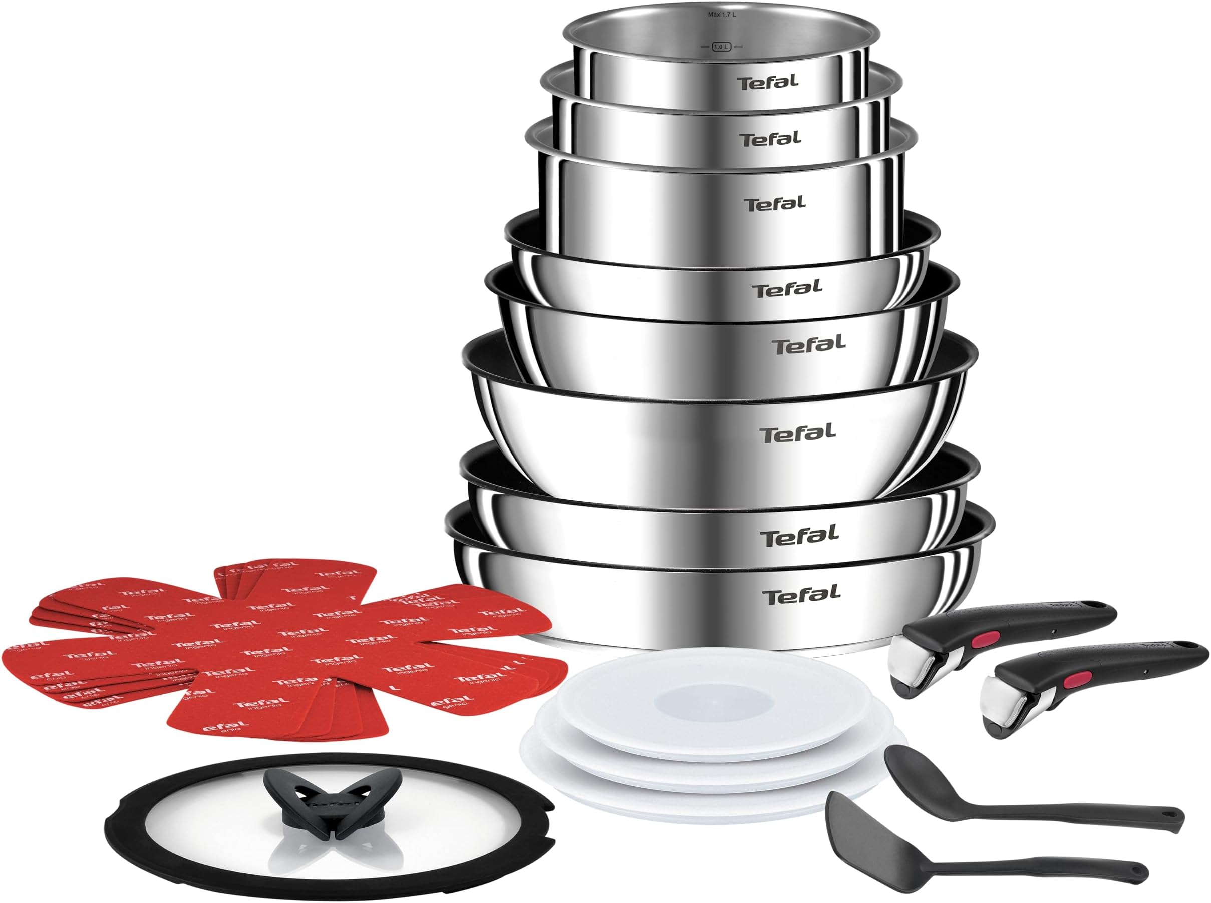 Tefal Ingenio L897SJ04 20-Piece Cookware Set, Frying Pans, Pans, Wok, Saute Pan, Lids, Removable Handles, Induction, Stainless Steel, Dishwasher Safe, 5-Year Warranty