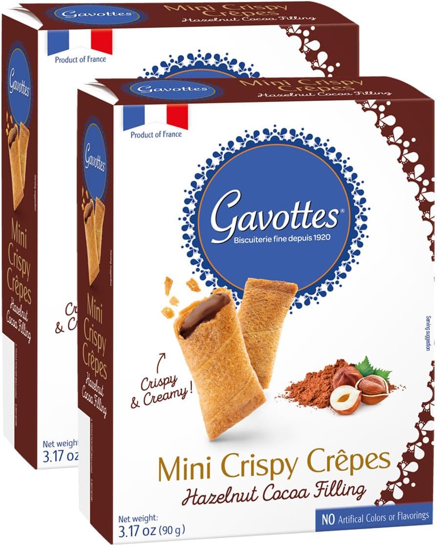 Gourmet French Filled Mini Crispy Crepes - with Rich Cocoa Hazelnut Filling 2 Pack | Crispy Crepes for Chocolate Crepe Lovers | Gavottes Mini Filled Crispy Crepes From France (2 x 3.17oz/90g)
