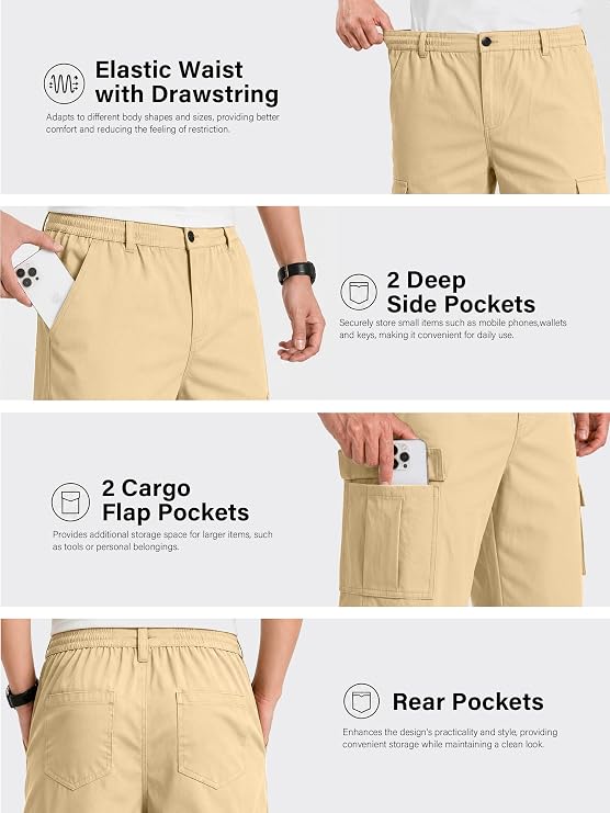 HUNGSON Men's Relaxed Cargo Pants Straight Leg Elastic Waist Work Pants