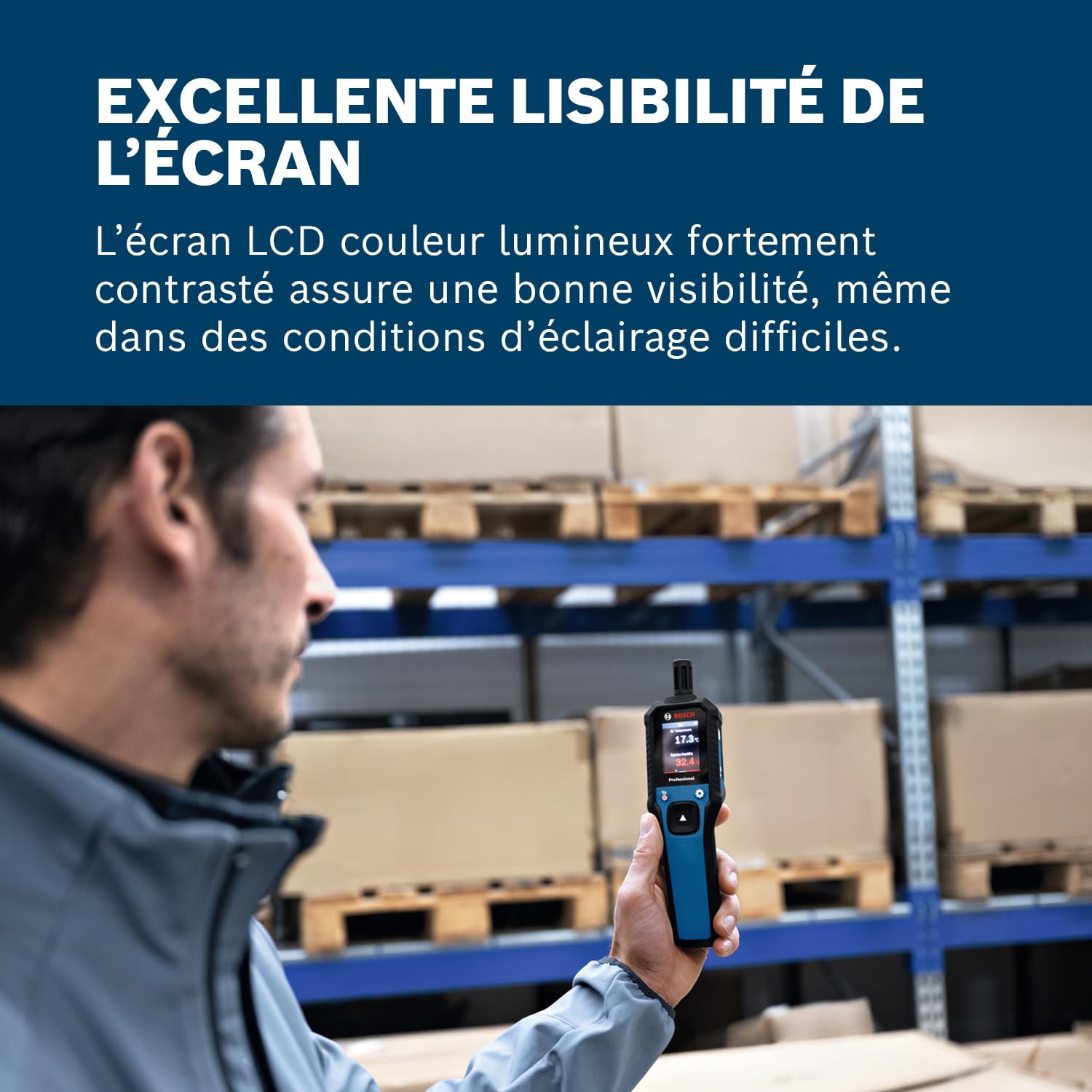 Thermo-hygromètre GDH 1-17 Bosch Professional (lecture en temps réel, écran LCD couleur fortement contrasté, indice de protection IP65, boîtier caoutchouc, 2 piles AA, housse)