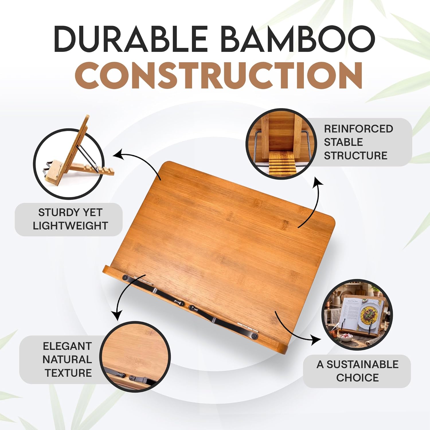 Bamboo Cookbook Stand Medium, Adjustable Book Holder Tray and Page Paper Clips - 4-Position Recipe Book Stand Holds Thick Books for Kitchen Counter, Reading, Studying, Foldable - Medium - Walnut Color