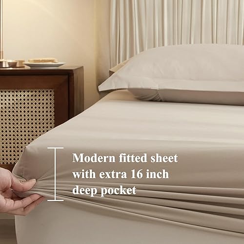 Miniatura 2 de VClife Sábana bajera ajustable suave tamaño individual de color beige liso bronceado con bolsillo profundo de 16 pulgadas de profundidad, sábana de
