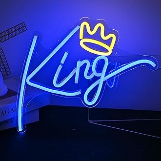 ineonlife King Neon Sign Blue Letters Led Neon Light Yellow Crown Led Neon Signs Wall Decorative Lights for Bedroom Kids Room Teen Boys Room Birthday Wedding Party Bar Decor with USB Power