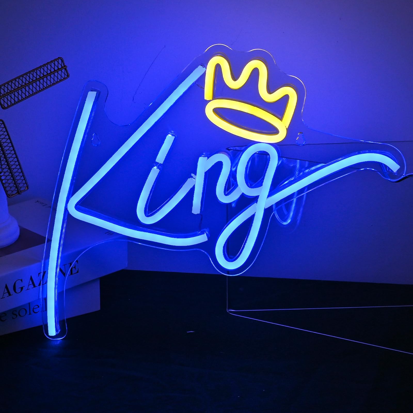 ineonlife King Neon Sign Blue Letters Led Neon Light Yellow Crown Led Neon Signs Wall Decorative Lights for Bedroom Kids Room Teen Boys Room Birthday Wedding Party Bar Decor with USB Power