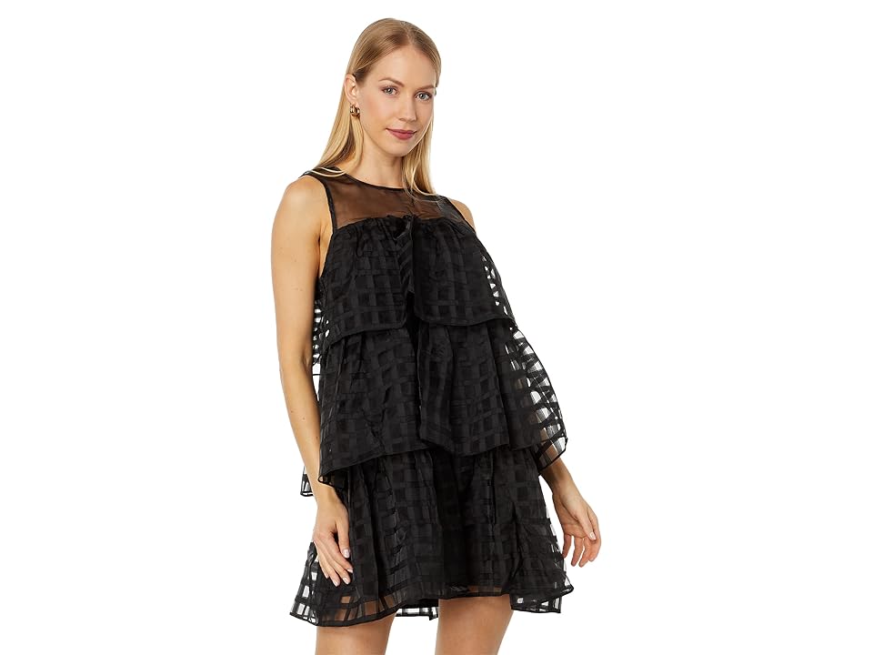 English Factory Organza Gridded Tiered Sleeveless Mini (Black) Women's Dress INTERNATIONAL SHIPPING