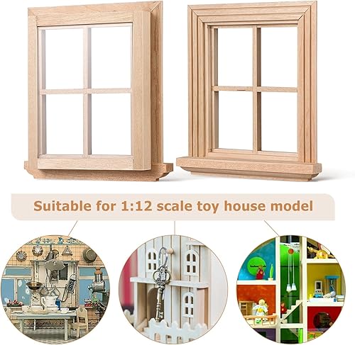 Miniatura 6 de Toyvian 2 piezas de casas de muñecas de madera con marco de ventana en miniatura 1 12 muebles de casa de muñecas, mini ventana de madera para