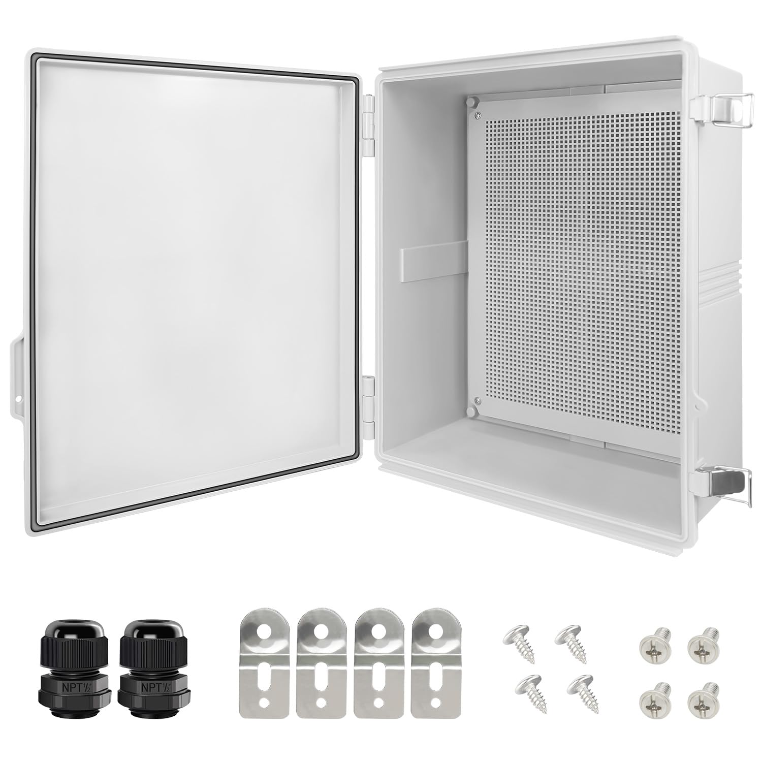 lemotech electrical box, ip67 waterproof hinged cover stainless steel latch junction box, abs plastic electrical enclosure with mounting plate,wall brackets, cable glands, 17.7"x13.8"x7.9", grey