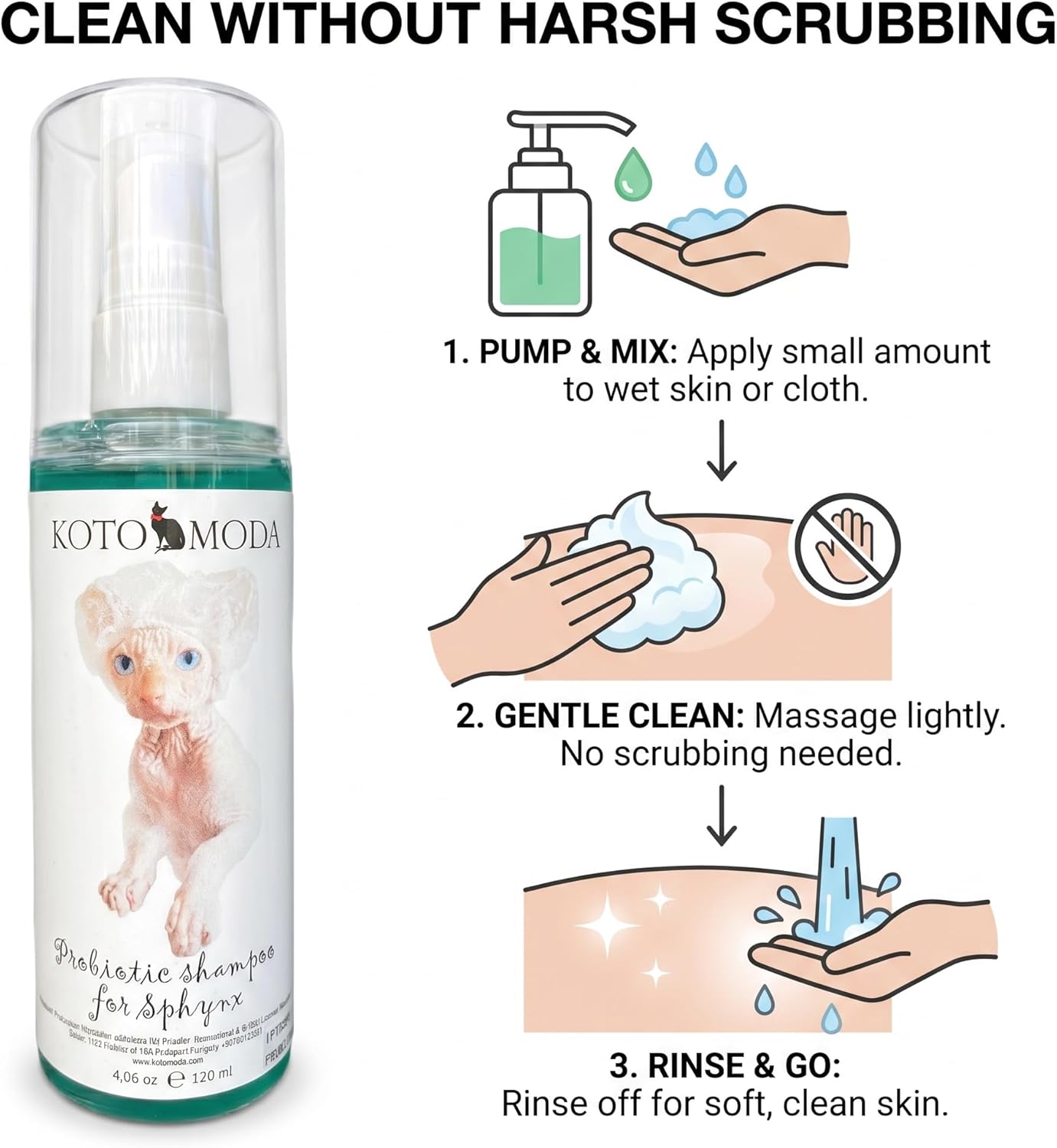 Probiotic Shampoo for Sphynx Cats, Gentle Unscented Cleanser for Hairless and Short-Hair Breeds, pH Balanced Moisturizing Formula for Sensitive Skin, 4.06 fl oz / 120 ml