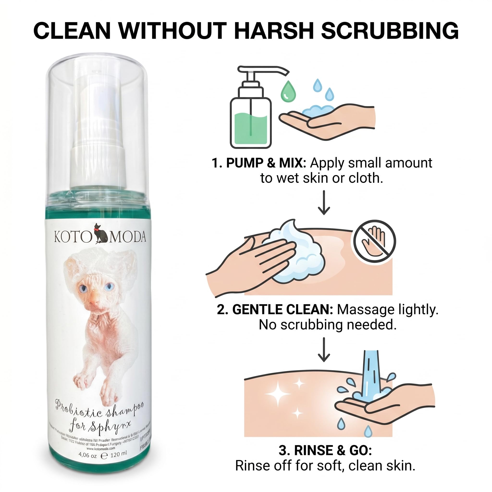 Shampooing Probiotique pour Chats Sphynx, Nettoyant Doux Non parfumé pour Races Nues et à Poil Court, Formule pH équilibré hydratante pour Peaux sensibles, 120 ML / 4,06 FL oz