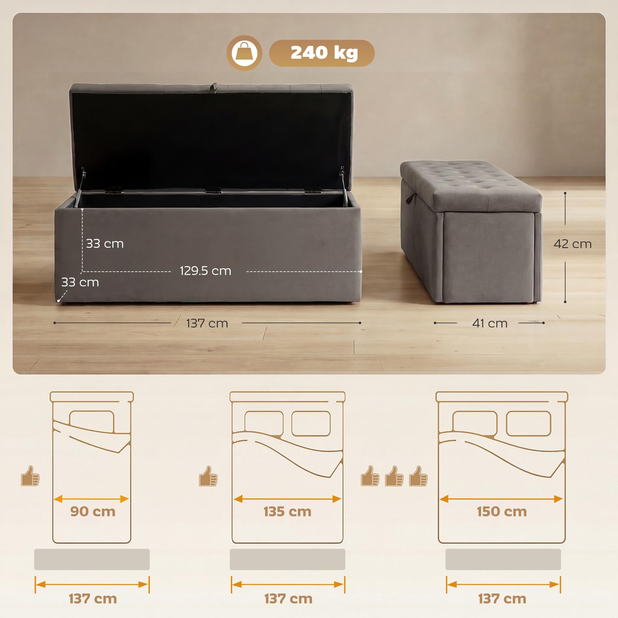 HOMCOM Cassapanca 140L Pouf Contenitore Poggiapiedi 137x41x42 cm, Seduta Ampia Imbottita, Panca Contenitore in Velluto, Capacità 240kg, Camera da Letto, Soggiorno, Ingresso, Grigio
