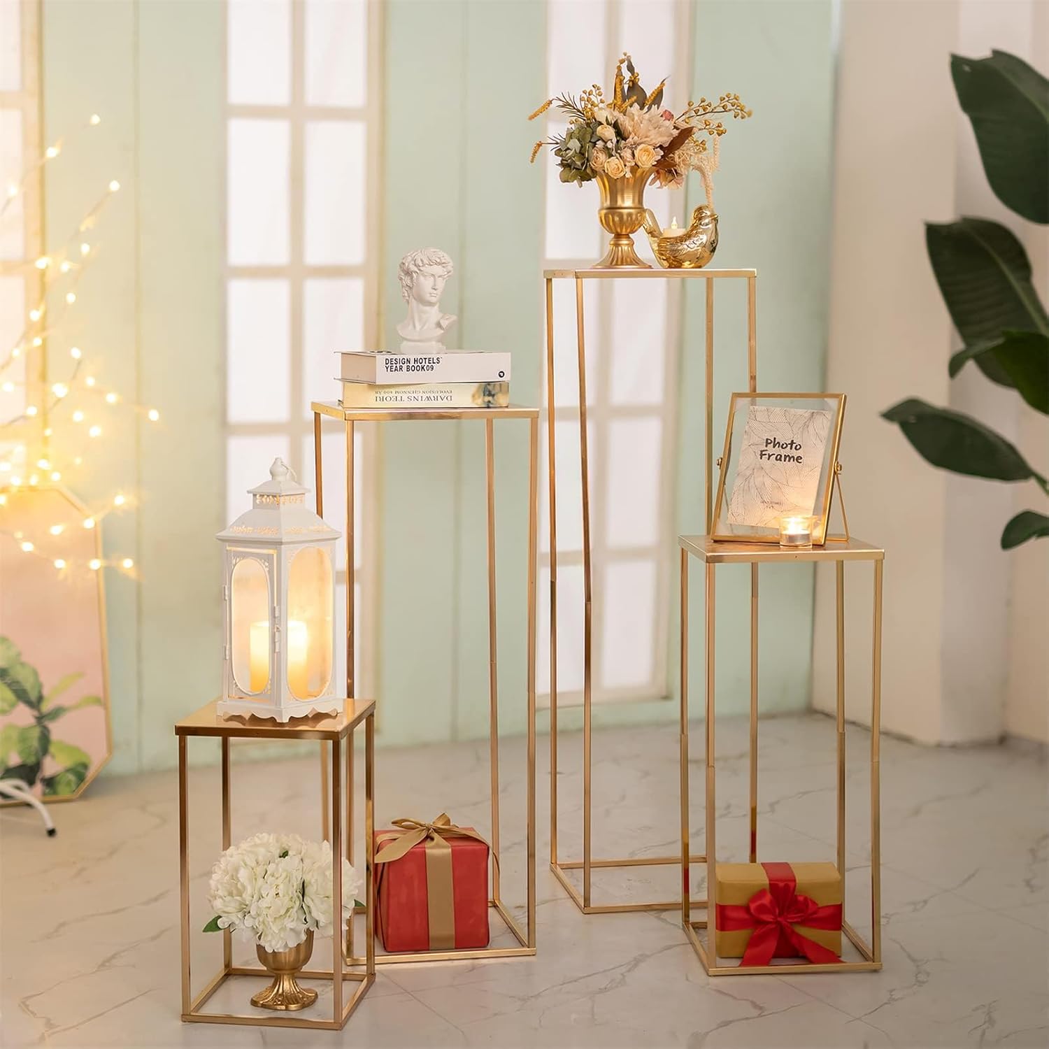 Sziqiqi Floor Vase Tables Centerpieces for Reception - 2 Pcs Metal Column Geometric Flower Stand 31.5in Gold Tall Flower Display Rack Decorations for T-Stage Wedding Party Event