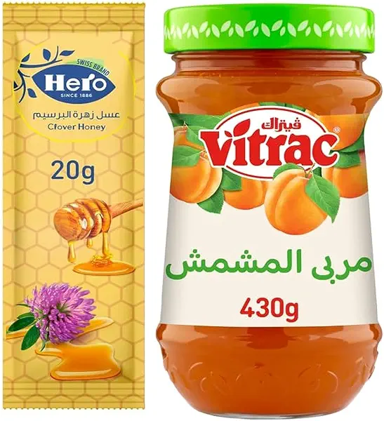 سعر ومواصفات عبوة عسل هيرو 20 جم - 24 كيس ومربى المشمش فيتراك - 430 جم (B0CG9RJQ7Y) على Amazon EG