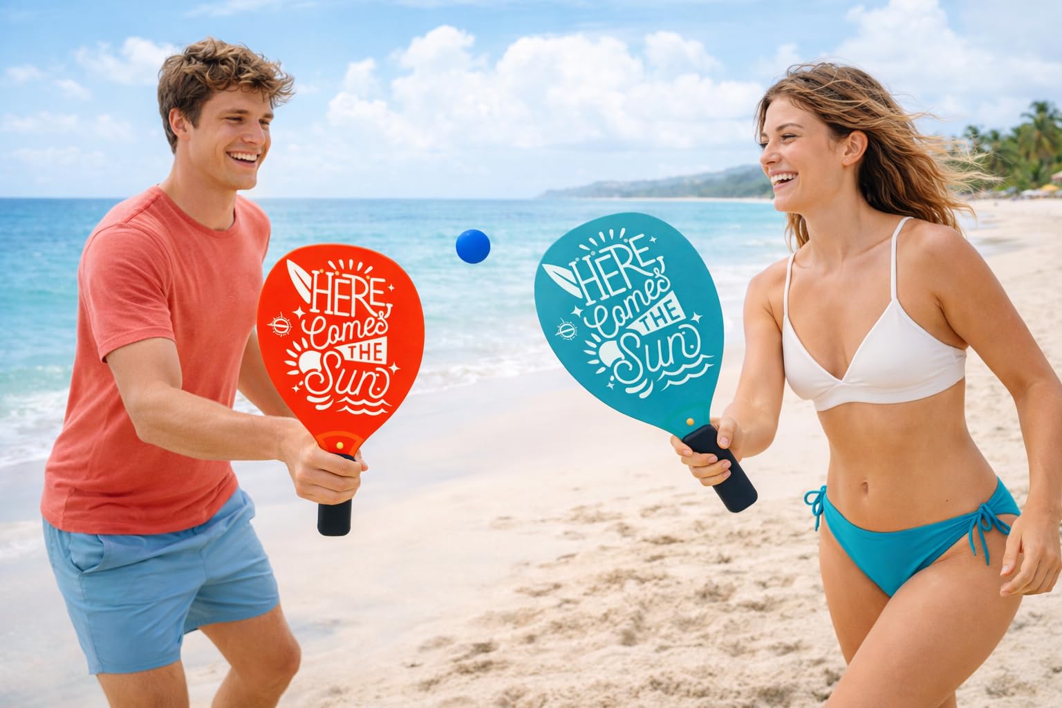 Coppia Racchettoni Padel e Beach Tennis in Legno Forato – Impugnatura Antiscivolo in morbida EVA e Pallina Inclusa – Ideali per Spiaggia, Campeggio, Giardino e Parco