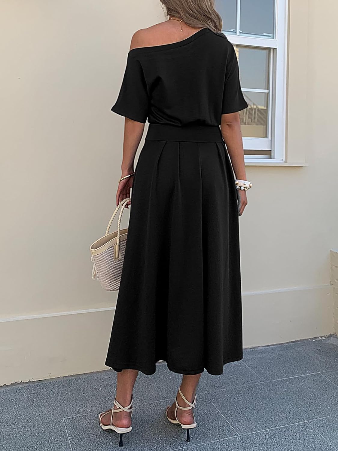 Elegant One Shoulder Maxi Dresses for Women Summer Casual Loose Empire Waist Pleated Formal Long Dress with Pockets - Image 5