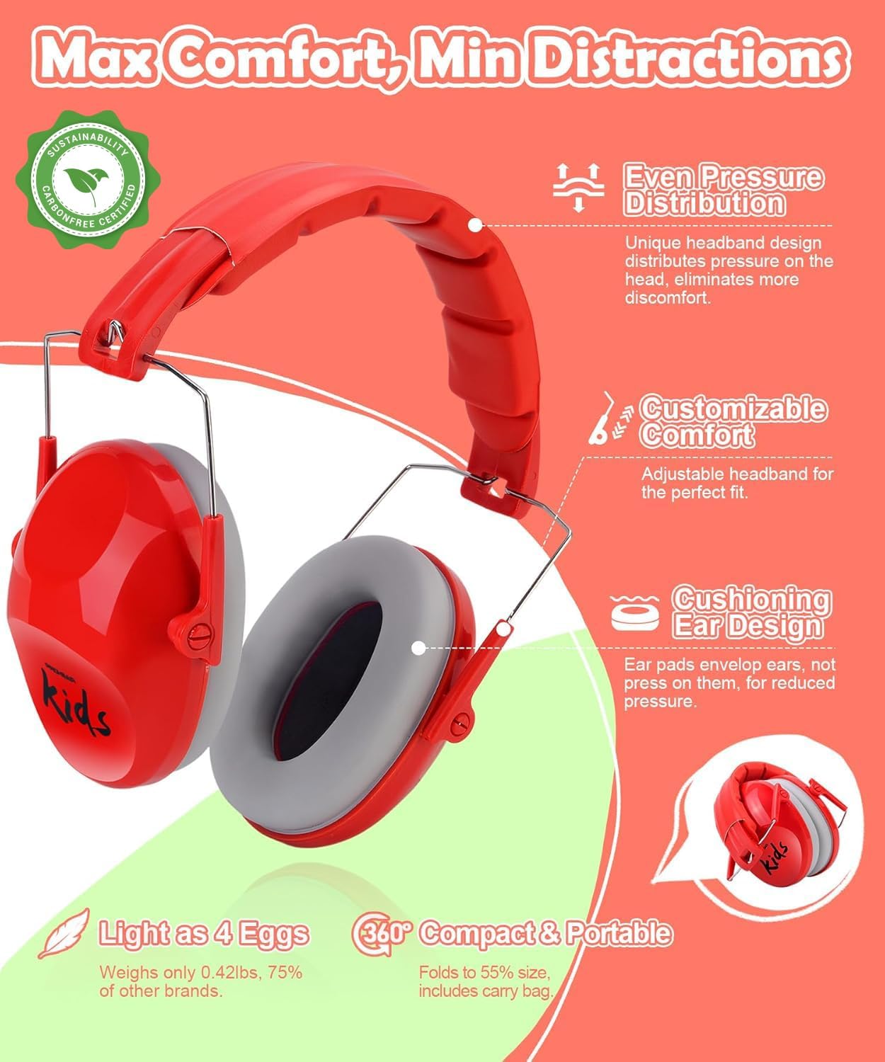 PROHEAR 032 2.0 Noise Cancelling Headphones for Kids - 25dB Noise Reduction - Adjustable Sensory Ear Protection Muffs for Concert, Fireworks, Monster Truck Shows, School - Red - Image 5